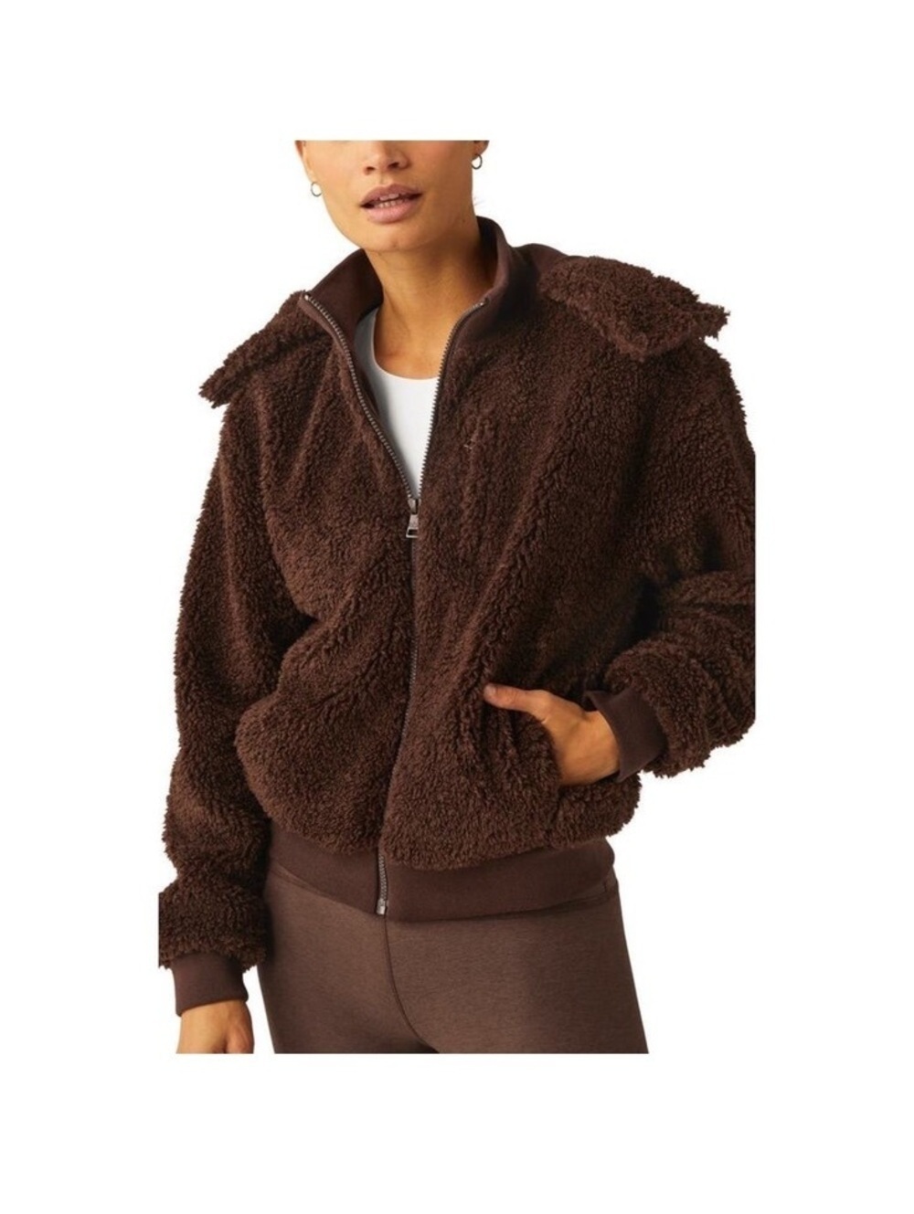 NWOT Beyond Yoga Shearling Adventure Hooded Zip Jacket chocolate brown M